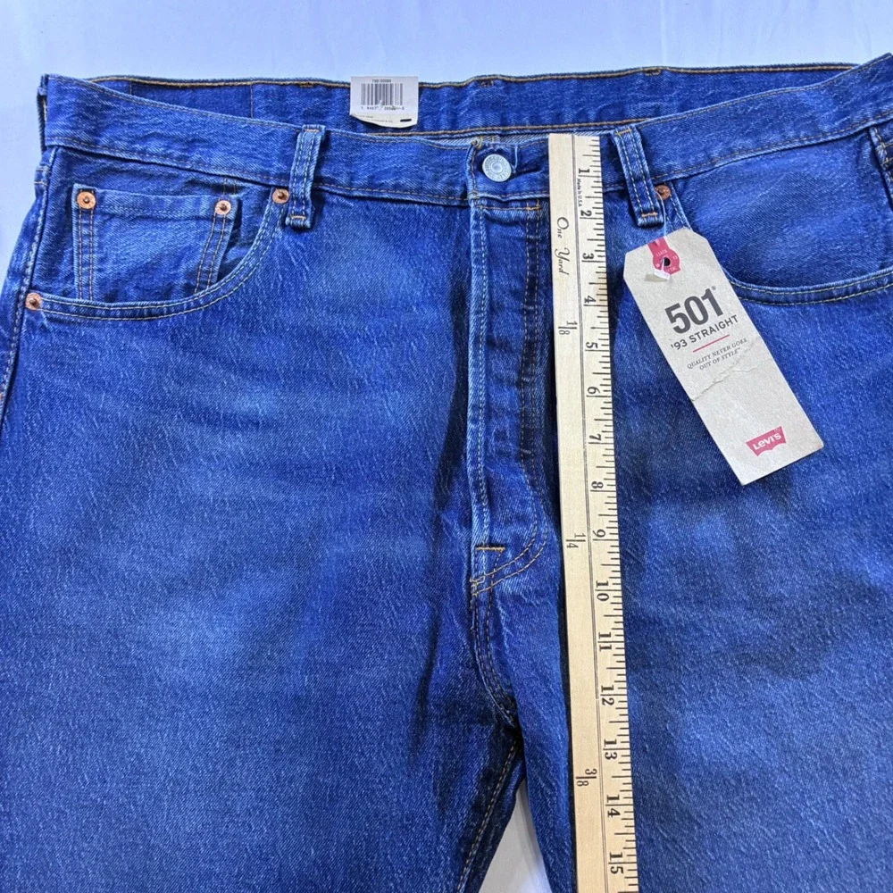 Levis 501 93 Straight Jeans Mens 38x32 Blue Stretch Denim Button Fly New